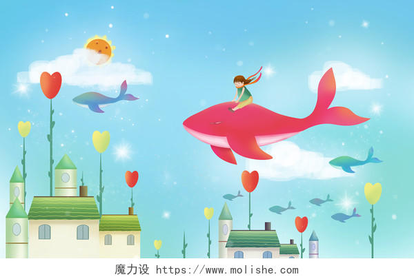 唯美小清新梦幻童话女孩与天空飞行的大鱼卡通插画背景